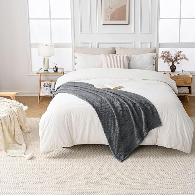 Esterra Queen Size Cozy Soft Lightweight Pre-Washed Cotton Blanket, All Season Breathable 4-Layer Gauze Blanket Throw for Couch Bed, Dark Gray, 90x90 Inches