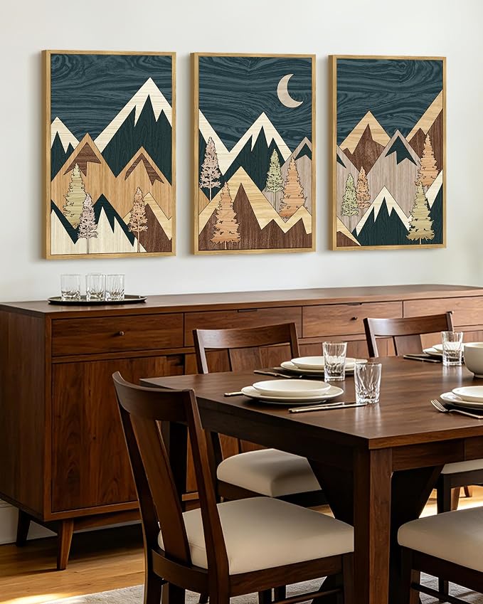 KUVIOKE Woodcut Pine Tree Forest Mountains Framed Wall Art Nature Landscape Prints Morden Farmhouse Bedroom Hallway Ready to Hang 16x24in (Natural Framed)