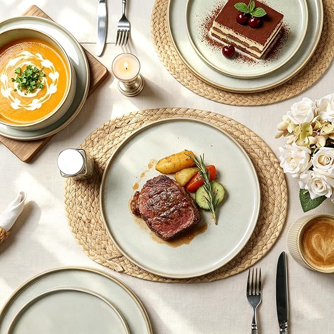 MONITO Ceramic Dinnerware 16 Pieces Dinner Set，10.6in Stoneware Plates and Bowls Sets, Highly Chip and Crack Resistant | Dishwasher & Microwave Dishes set,Gift, Bonbon Beige