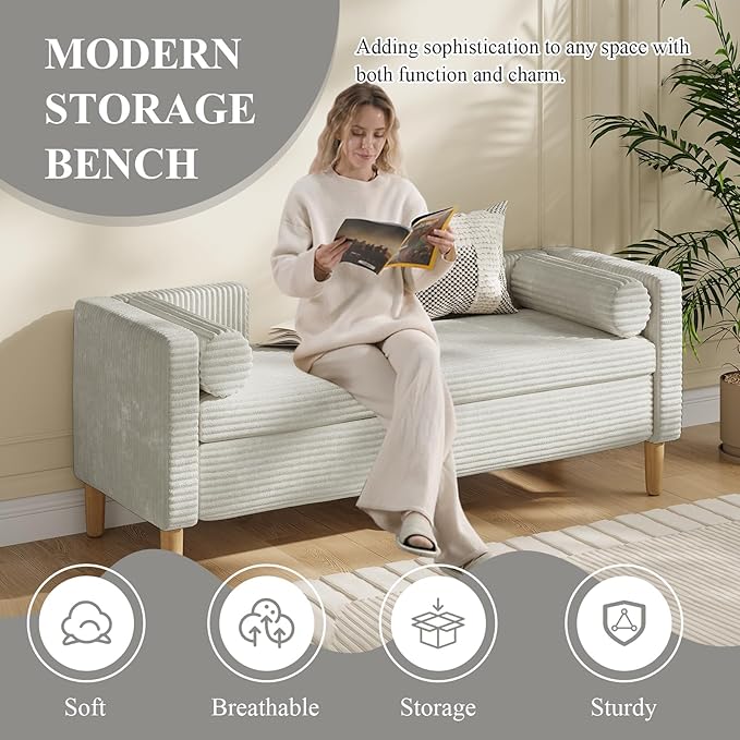 65.35" Storage Bench, Corduroy Upholstered End of Bed Bench with Bolster Pillows, Modern Storage Bench with Natural-Patterned Wooden Legs, Comfy Entryway Bench for Entryway (Light Gray)