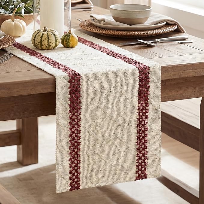 Artoid Mode Red Stripe Woven Table Runner, Seasonal Holiday Hollow Kitchen Dining Table Decoration for Home Party Decor 12x108 Inch