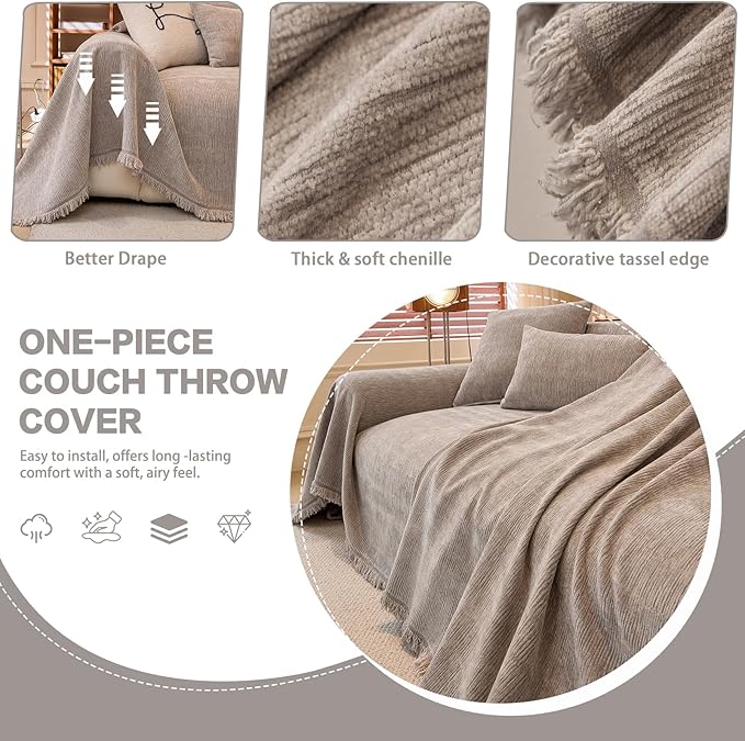 DREAMINGO Chenille Sofa Cover Washable Pet Couch Protector Cover Textured Couch Cover Blanket for Living Room Modern Minimalist 2-Seater Sofa Slipcover, Light Grey, Large 71"x118"