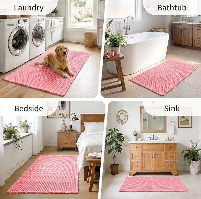 ILANGO Upgraded Waffle Bath Mat,Super Absorbent Boho Non Slip Bathroom Rugs Quick Dry,Ultra Soft Machine Washable Mats with Tassels for Floor,16x24,Pink
