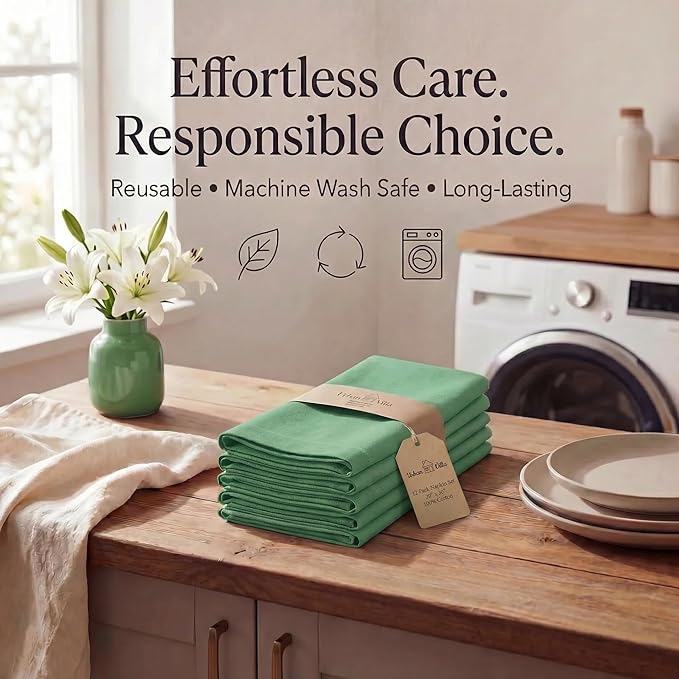 Urban Villa Cloth Napkins 100% Cotton Highly Absorbent Washable Durable Reusable Premium Dinner Napkins Ideal for Gifts for Mothers Day Hotel Farmhouse Parties - Green (20" x 20", Set of 12)