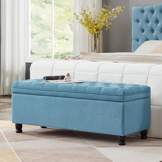 Betoko Linen Storage Benches for Bedroom End of Bed,Mid Century Modern Bed Ottoman Bench with Storage,Button Tufted 45" Long Storage Bench for Entryway Living Room Window (Light Blue)