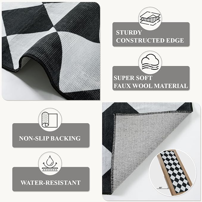Beeiva Checkered Print Runners for Hallways 2.5x8, Ultra Thin Black Kitchen Runners Non Skid Washable 8 ft, Modern Diamond Stain Resistant Low Pile Carpet for Bathroom Entryway Bedroom Laundry
