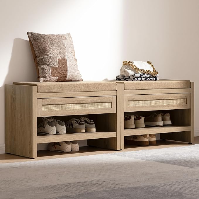 SICOTAS Rattan Shoe Bench Entryway Bench with Storage Drawer and Linen Seat Cushion, Farmhouse Boho Shoe Rack Bench with Shelf, Wooden Storage Bench for Entryway Hallway and Bedroom, Light Oak