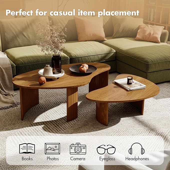 Mid Century Modern Nesting Coffee Table Set of 2, Walnut Wood Grain Veneer with Fluted Legs, Farmhouse & Contemporary End Tables for Living Room