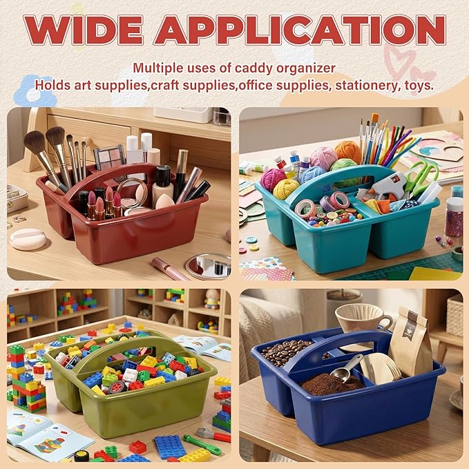 Kathfly 8 Pack Caddy Organizer with Handle, Stackable Organization Storage, Small Plastic Basket Classroom Caddy for Table Desk Office Pencil Kids Room Craft Art Teacher School Supplies (Deep Color)