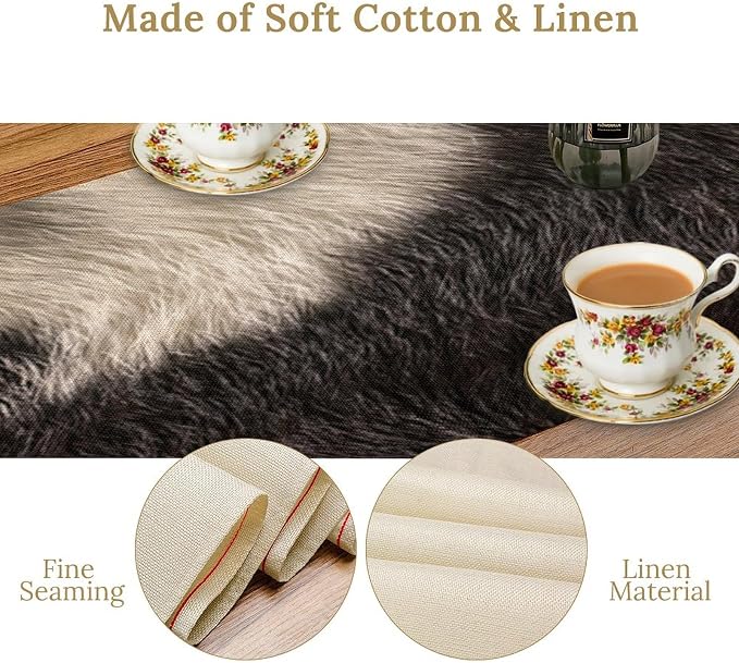Cowhide Table Runner Black and White Milk Cow Western Style 3D Cow Fur Skin Texture Table Runner for Living Room Kitchen Dining Table Decoration 13x90in