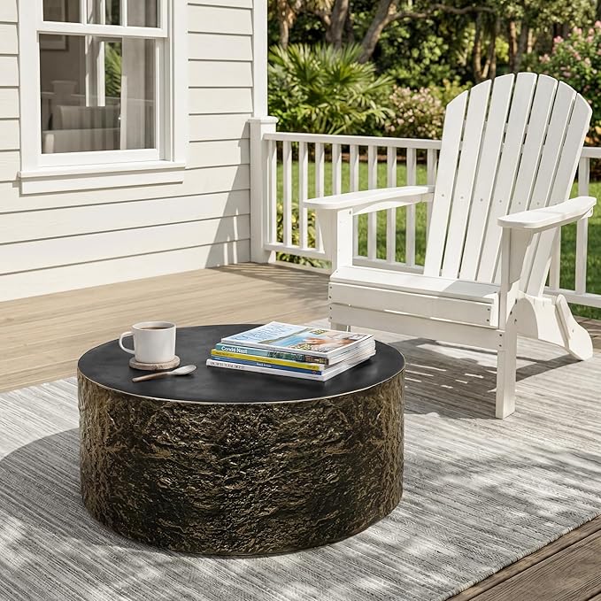 UPHA 28" Round Outdoor Coffee Table, Modern Hollow Concrete Patio Table, Small Minimalist Low Accent Table for Living Room, Balcony, Deck, Backyard, Bronze
