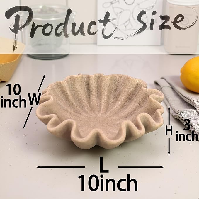 10" Large Handmade Decorative Bowl decor , Handicraft Scalloped Bowls for Modern Home Decor,Ruffle Decor,Key Bowl for Entry Table,Decorative Fruit Bowl for Kitchen Counter,Artificial Stone Beige