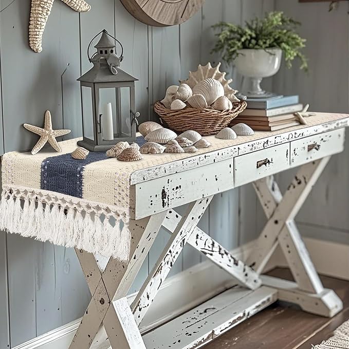 yuboo Boho Macrame Dresser Runner, Navy Blue Coffee Table Runner Short, Rustic Summer Coastal Table Runner Farmhouse Style for Nightstand, End Table, Desk Table, Bohemian Dresser Decor, 48 Inches Long
