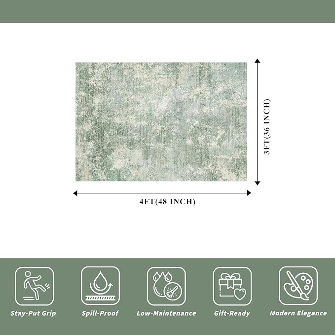 3x4 Washable Entryway Area Rug – Non-Slip Modern Abstract Small Area Rug for Kitchen, Bedroom, Bathroom – Soft Low-Pile Thin Indoor Door Mat (Sage Green,3x4)