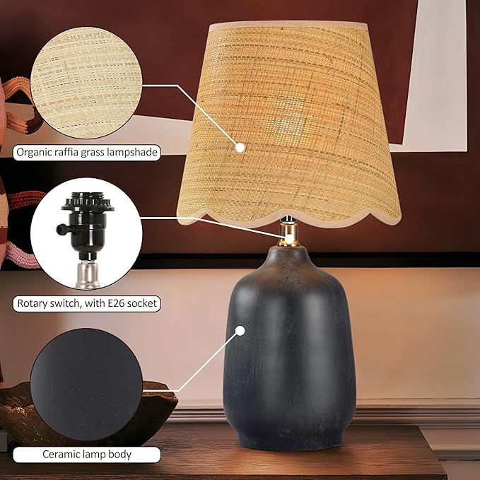 Pia Ricco Set of 2 19" Modern Ceramic Table Lamp for Living Room Cream Base Desk Lamps for Bedroom Farmhouse Bedside Nightstand Lamp End Table Lamps,Black,Rattan Shade