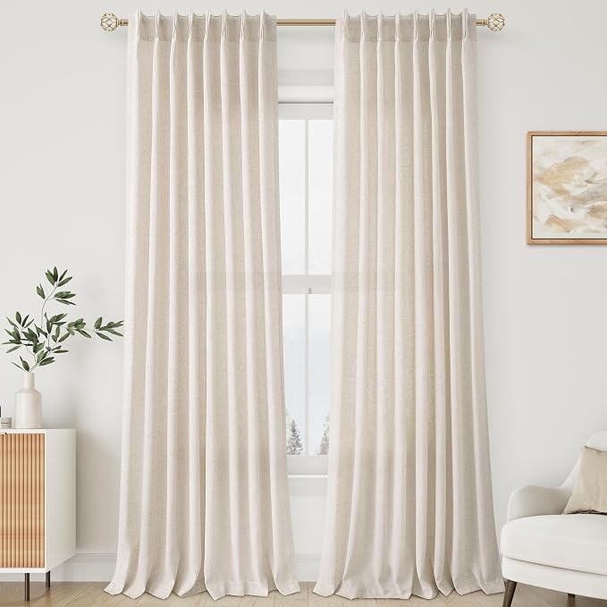 Aersas Natural Pinch Pleat Linen Curtains 95 Inch Length 2 Panels Set for Bedroom Dining Room Semi Sheer Linen Boho Farmhouse Neutral Window Curtains 95 Inches Long for Living Room Nursery 50x95