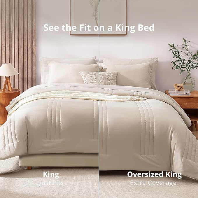 Monbix King Size Comforter Set - 7 Pieces Bed in a Bag King, Apricot Beige King Bedding Sets with Comforter, All Seasons Comforter Bed Set with Sheets, Pillowcases & Shams