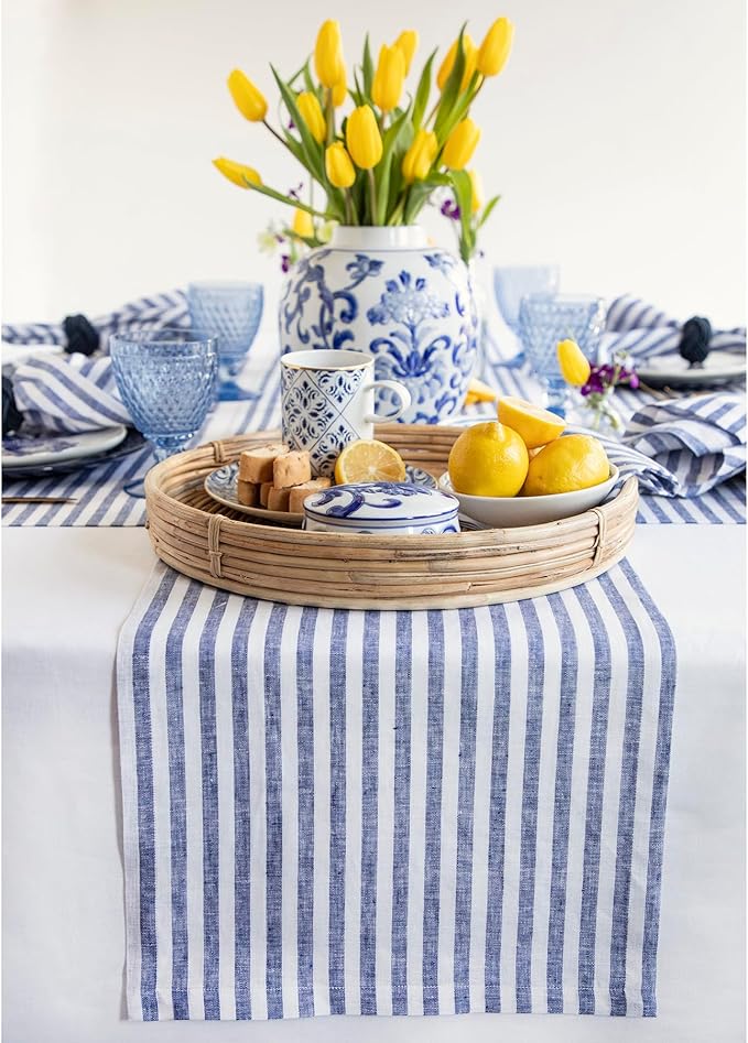 Solino Home Linen Table Runner 156 Inches Long - Amalfi Stripe, 100% Pure Linen Navy and White Table Runner 14 x 156 Inch for Dining, Summer, 4th of July