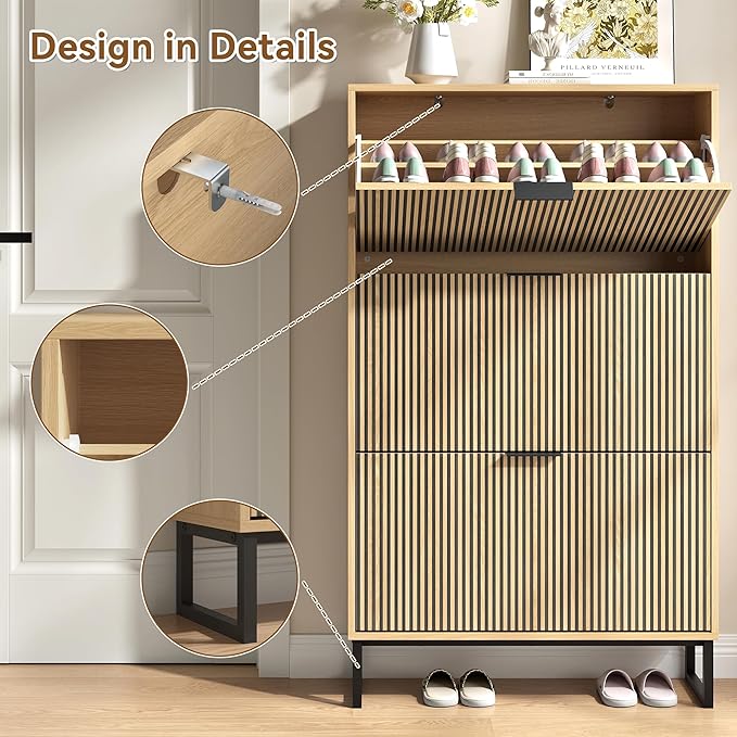 Shoe Storage Cabinet for Entryway with 3 Flip Drawers,Narrow Shoe Rack Cabinet,Hidden Slim Shoe Storage Freestanding Shoe Organizer Cabinet for Entryway, Hallway