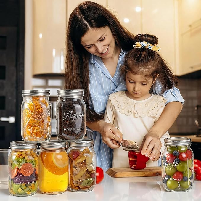 Mason Jars 32 oz,12 Pack Large Wide Mouth Mason Jar with Airtight Lids and Bands|Quart Glass Canning Jars for Pickling, Fermenting and Food Storage Microwave&Dishwasher Safe (12pack)
