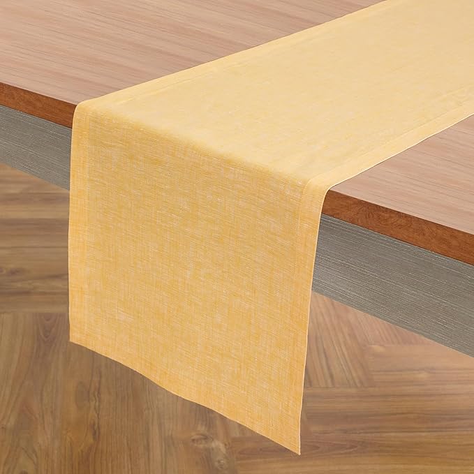 Solino Home Linen Table Runner 144 Inches Long - Athena, 100% Pure Linen Chambray Mustard Yellow Table Runner 14 x 144 Inch for Dining, Summer