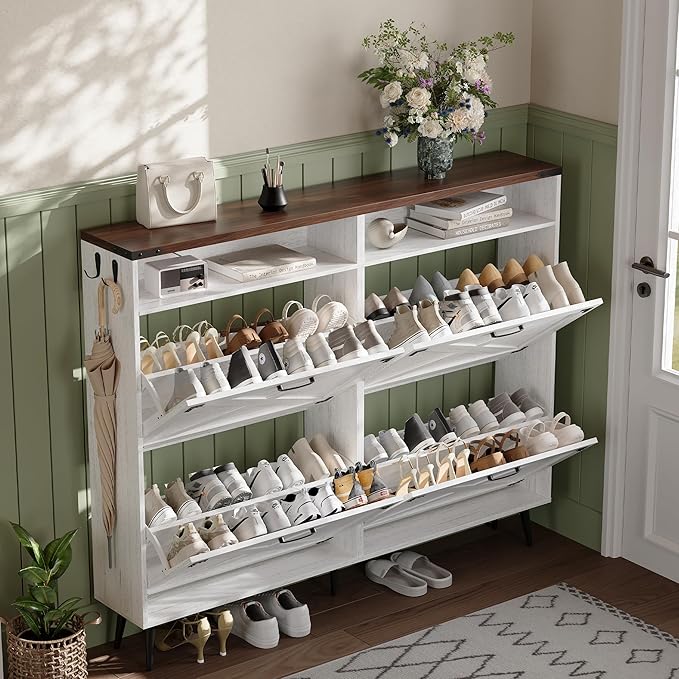 Shoe Storage Cabinet with 4 Flip Drawers Narrow Shoe Rack Cabinet Farmhouse Design Freestanding Shoe Organizer with Open Storage for Entryway,Hallway,Foyer,White Walnut