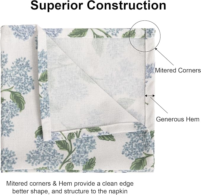 Sage Green Hydrangea Cloth Napkins Set of 12,Blue and White Vintage Floral Dinner Napkins Natural Linen Cotton -Reusable, Premium Hotel Quality Party Napkin Towels for Everyday Use, Weddings