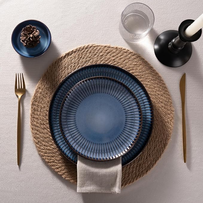 Famiware Starlight 12-Piece Plates and Bowls Sets for 4, Stoneware Dinnerware with Ribbed Textured, Handcrafted Reactive Glaze Dishes - Dishwasher & Microwave Safe, Chip/Scratch Resistant, Starry Blue