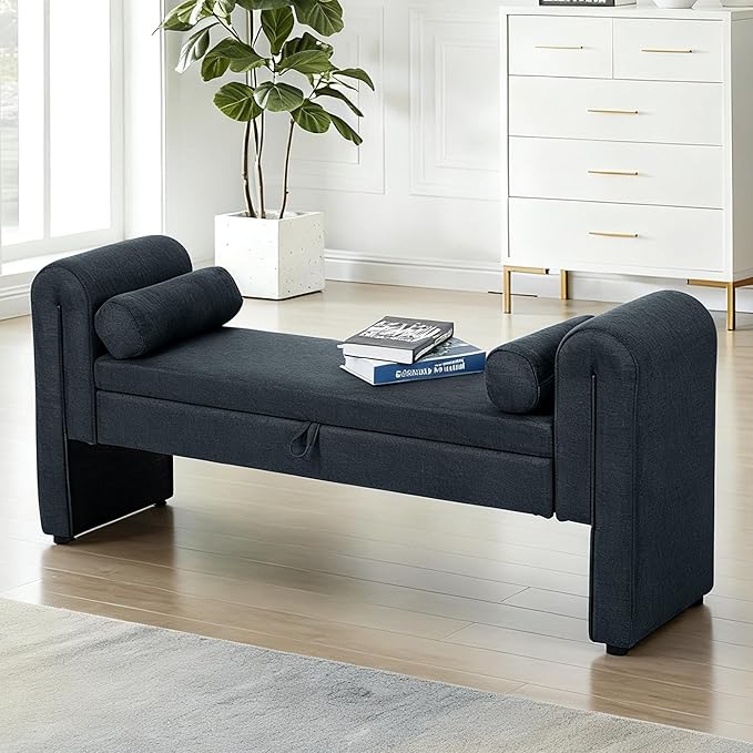 60.5" End of Bed Bench Storage Bench for Bedroom,Soft Linen Upholstered Ottoman Bench with Rolled Arms, Eentryway Bench with Storage for Living Room,Hallway, Dressing Room (Light Blue)