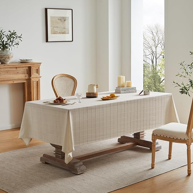 ZeeMart Linen Checked Table Cloth 60x60 Inches, Farmhouse Style Plaid Embroidered Water Resistant Square Table Cover, Beige