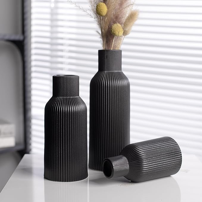 Black Ceramic Vases Set of 3, Modern Matte Round 3D Vertical Ribbed, Nordic Minimalist for Pampas Grass, Dried & Fresh Flowers, Centerpiece for Living Room, Shelf, Entryway, Wedding