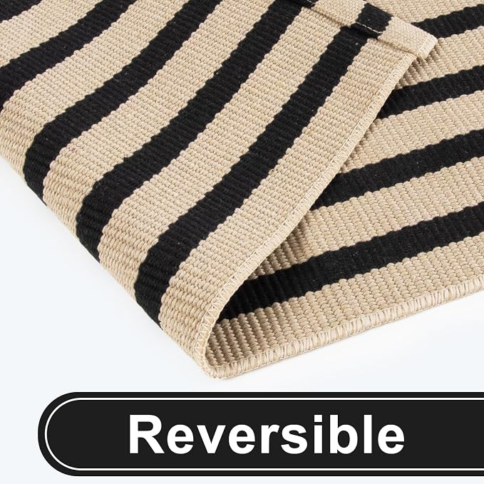 KIMODE Black and Khaki Striped Outdoor Rug 3'x 5', Washable Reversible Striped Outdoor Patio Rugs, Cotton Hand-Woven Farmhouse Welcome Layered Door Mats for Front Door, Entryway, Porch Decor