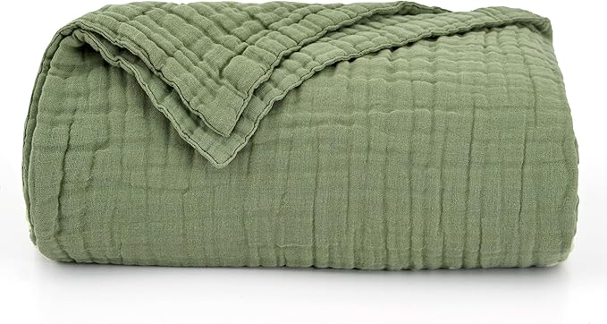 Love's cabin 100% Cotton Muslin Blanket, 6 Layer Lightweight Breathable Gauze Queen Size Blanket 90 x 90 Inches, Soft All Season Blanket for Bed, Sage Green