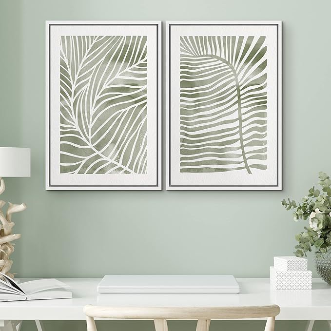 SIGNWIN Canvas Print Wall Art Set Green White Tropical Island Palm Leaves Nature Wilderness Illustrations Modern Art Rustic Multicolor for Living Room, Bedroom, Office - 24"x36"x2 White