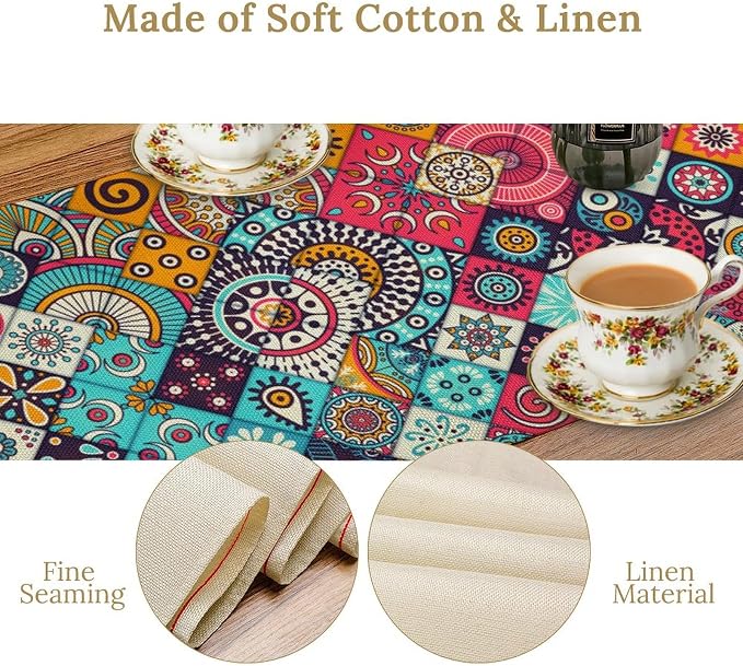 Boho Bohemian Table Runner Colorful Abstract Mid Century Geometric Table Ruuner Decoration for Kitchen Dining Room 13x36in
