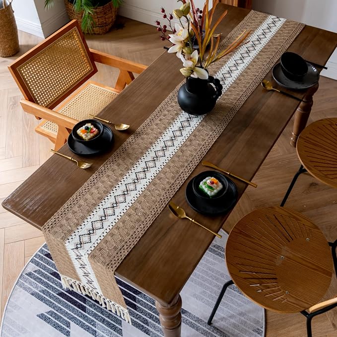 EMMTEEY Macrame Table Runner Boho Style - Scratch & Heat Resistant, Hexagonal Grid Cotton Linen Table Runner with Tassels for Home Decor/Bedroom (12"X72", Brown White)