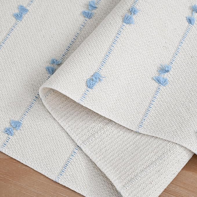 Artoid Mode Sky Blue Boho Farmhouse Cotton Woven Table Runner, Seasonal Summer Kitchen Dining Table Decoration for Home Party Decor 12x108 Inch