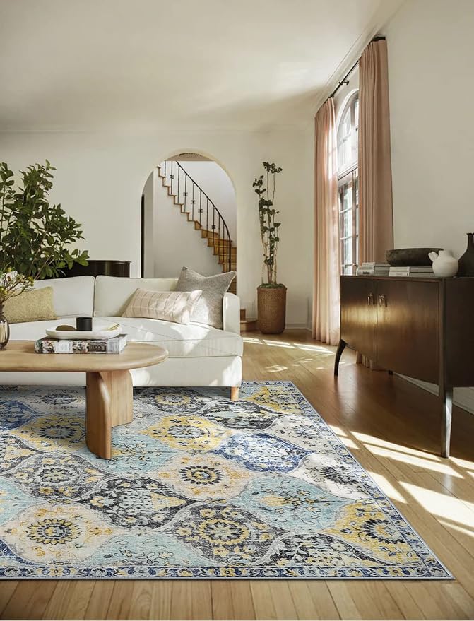 Lahome Moroccan Trellis Washable Area Rugs 5x7, 5x7 Area Rugs for Living Room Bedroom, Indoor Non-Slip Large Oriental Throw Carpet for Kitchen Entryway Bathroom Office Elise, Yellow/Aqua