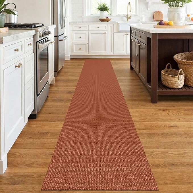 IOHOUZE Washable Runner Rug 2x12 Non Slip Rubber Backed Extra Long Hallway Runner Entryway Runner Indoor, Kitchen Rugs Woven Cotton Floor Carpet for Hall Entrance, Burnt Orange/Tan