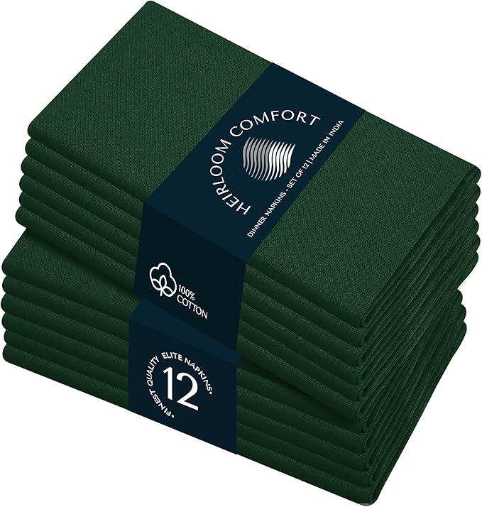 Forest Green Cloth Napkins 17x17 Inch - 100% Cotton, Reusable, Absorbent, Soft, Washable - Set of 12 - Ideal for Dinner, Everyday, Fall, Christmas, Weddings, Formal Gatherings