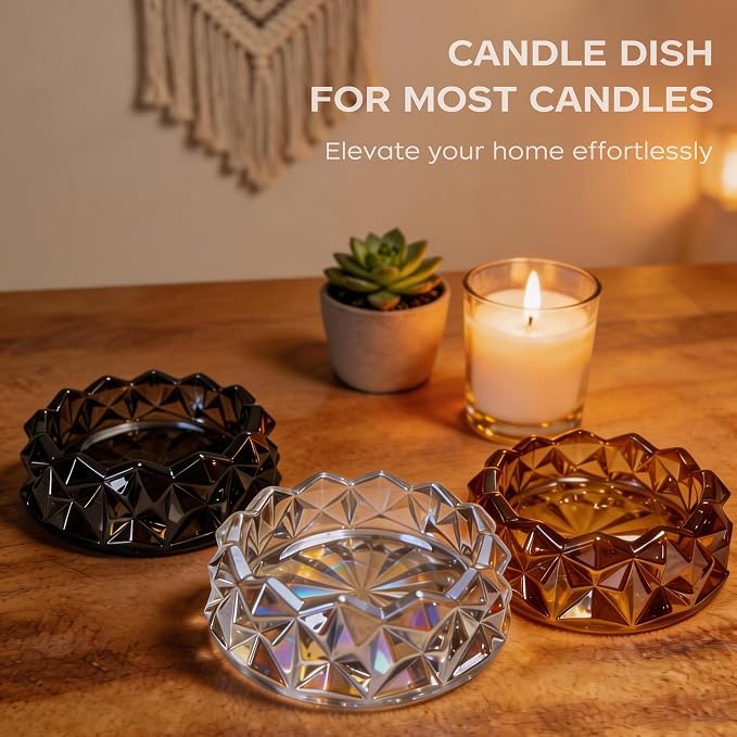 Diamond Glass Candle Holder, Clear Glass Candle Dish for Home Decor, Decorative Modern Candle Tray for Small Candles & Diffusers (Amber)