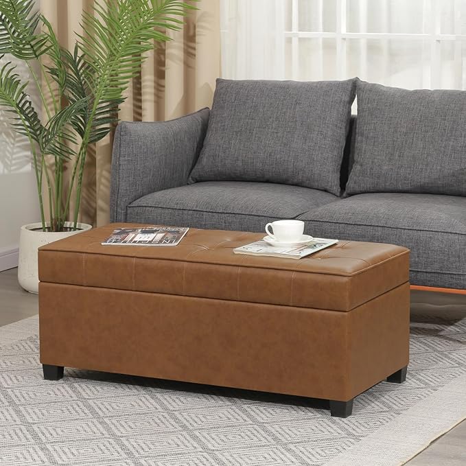 Homebeez 40" Faux Leather Storage Ottoman Bench, End of Bed Bench, Upholstered Bench with Storage for Living Room,Bedroom,Entryway (40" Caramel Brown)