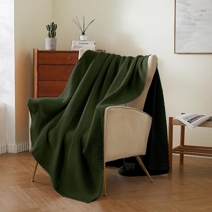 100% Cotton Waffle Blanket (Green - Twin Size - 66 * 90''), Pre-Washed and Anti-Shrinkage Soft Lightweight Bed & Couch Blanket, 380 GSM Waffle Weave Throw Blanket for All Seasons
