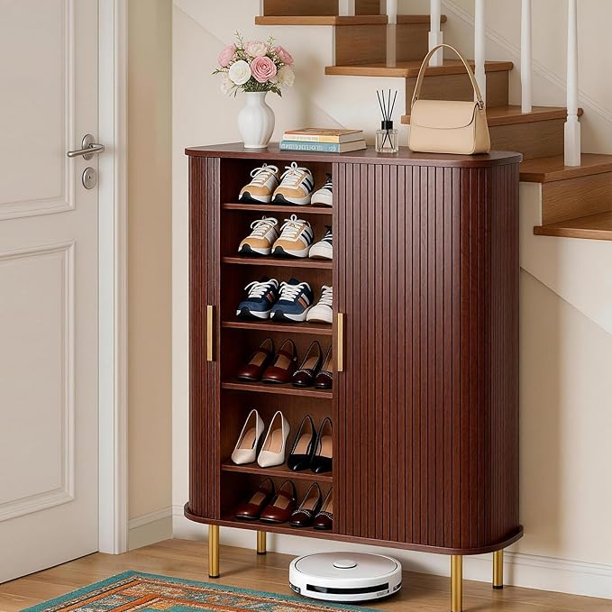 DHH Shoe Storage Cabinet with Sliding Door, 6-Tier Shoe Cabinet with Adjustable Shelves, Modern Freestanding Shoe Storage Organizer for Entryway, Hallway, Living Room (Walnut, 31.5 ")