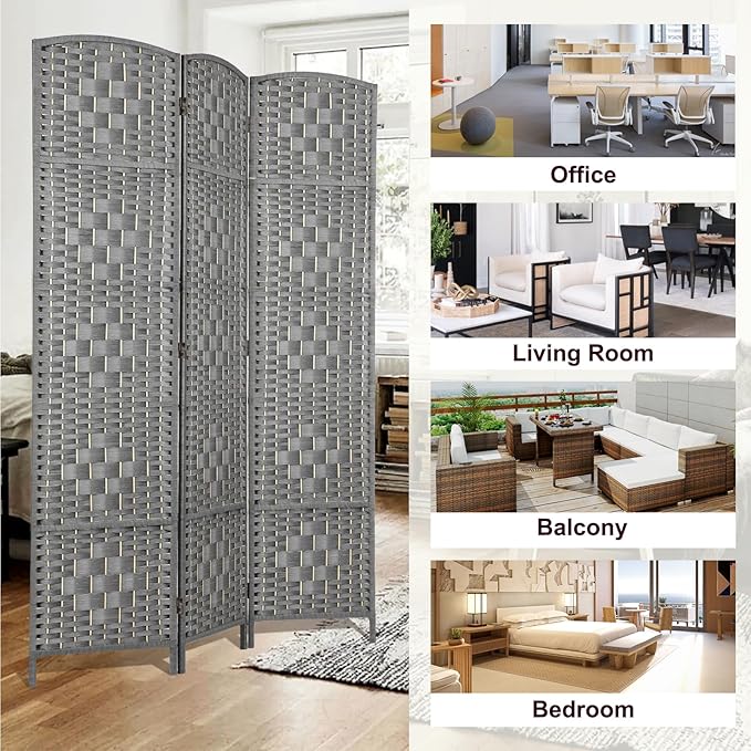 Rose Home Fashion Room Divider 5.6 ft.Tall-15.7" Wide Weave Fiber 6 Panels Room Dividers and Folding Privacy Screen/6 Panels Partition Room Divider Wall Freestanding 6 Panel, Grey