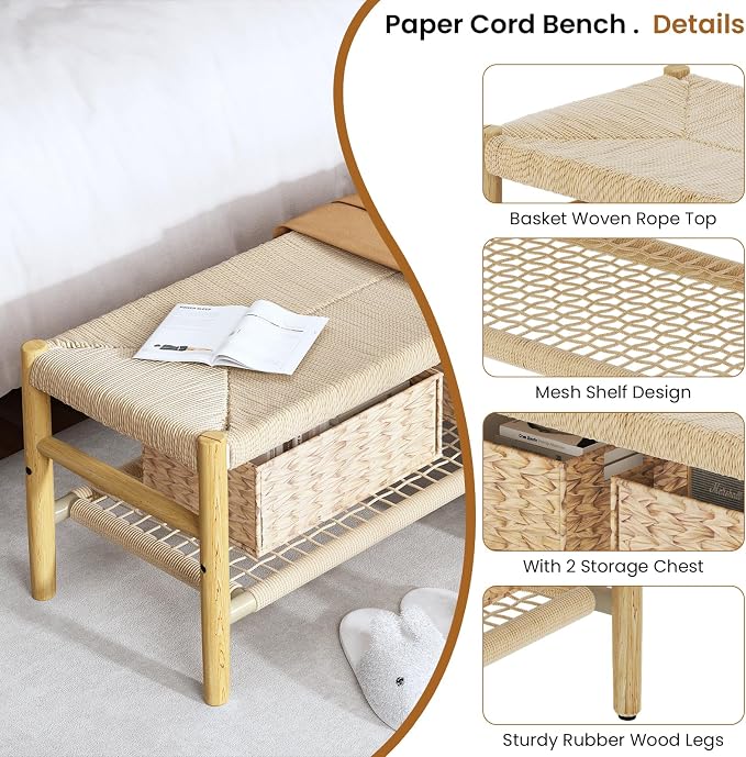 Recaceik Indoor Entryway Bench with Paper Cord Ottoman & Grid Storage Rack and 2 Baskets, Mid-Century Long Bench with Rubber Wood Legs, French Vanity End Bed Bench for Bedroom Living Room Channel