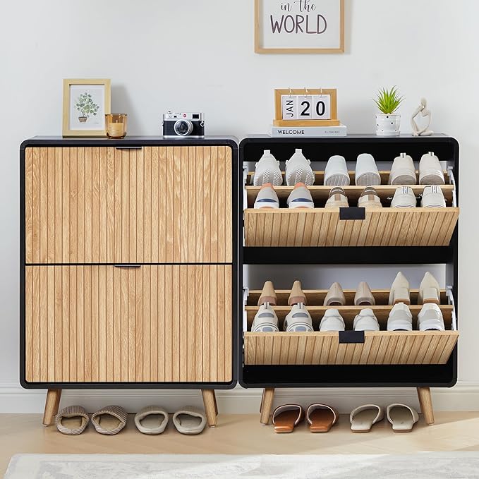 FurSch Narrow Shoe Cabinet Storage for Entryway,Slim Shoe Cabinet with 2 Flip Drawers, Fluted Shoes Rack Organizer (Natural with Black, 2 Drawers)