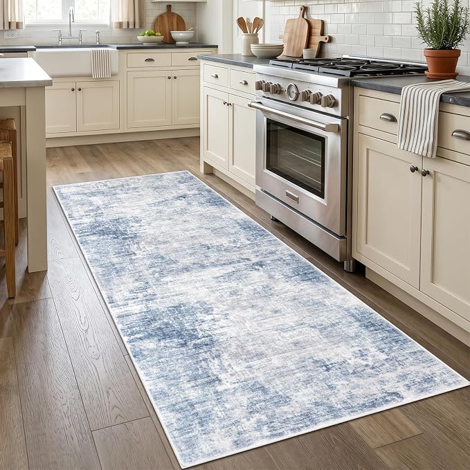 IOHOUZE Abstract Runner Rug 3x7 Ft Washable Runners for Hallways, Non Slip Kitchen Runner Printed Faux Wool Entryway Runners Indoor, Floor Carpet for Hall Kitchen Bedroom, Light Blue Grey