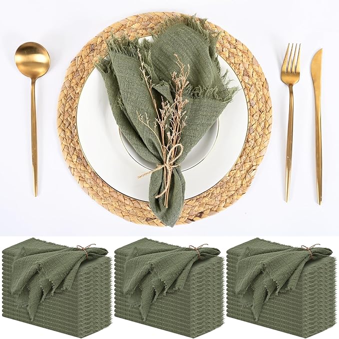50 Pack Olive Green Handmade Cloth Napkins 16 x 16 Inch Cotton Linen Napkins with Fringe, Washable and Reusable Napkins, Soft Rustic Boho Fringe Cloth Napkins for Dinners,Parties, Wedding