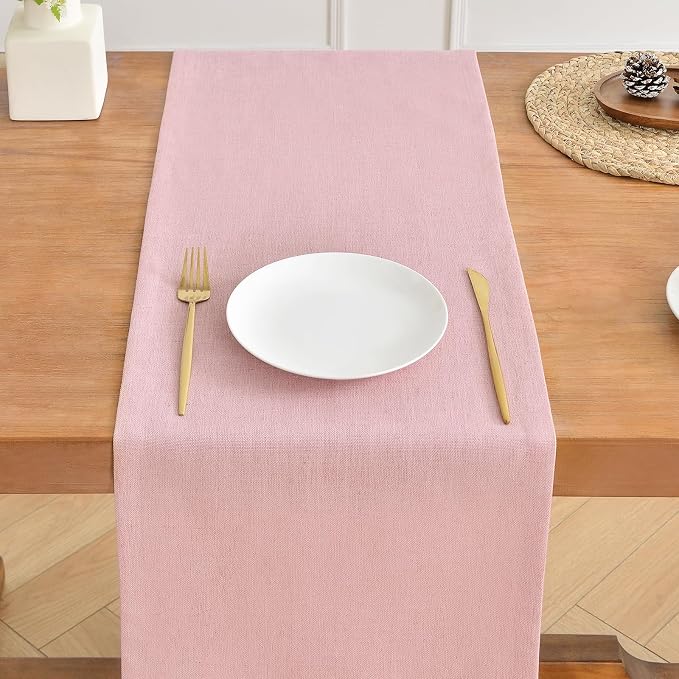 Wracra Linen Style Table Runner, Rustic Farmhouse Pink Table Runners 48 Inches Long, Handcrafted Table Runner for Fall, Winter - Everyday Use and Machine Washable